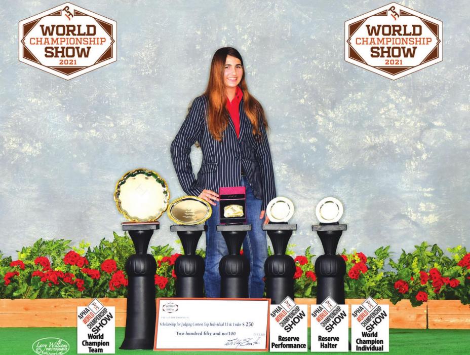 Teagan Kallus with her awards in Fort Worth at the American Paint Horse Association Youth World Championship Show thus summer. Photo courtesy of Larry Williams Photography &amp; Design