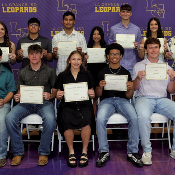 La Grange Optimist Club Scholarship went to Clara Bundick, Jeff rey Cabrera, Cole Collier, Kyla Colón, Tacoby East. Oliver Gunn, Dylan Kutchka, Raul Mancera, Diamond McKenzie, Rielynn Medina, Hope Michalke, Matthew Olvera, Ramon Ortiz, Kaylee Soto, Caleb Stokes, Jaley Stork, Kylie Trlicek and Carley Ulrich. The presenter was Misty Touchet.