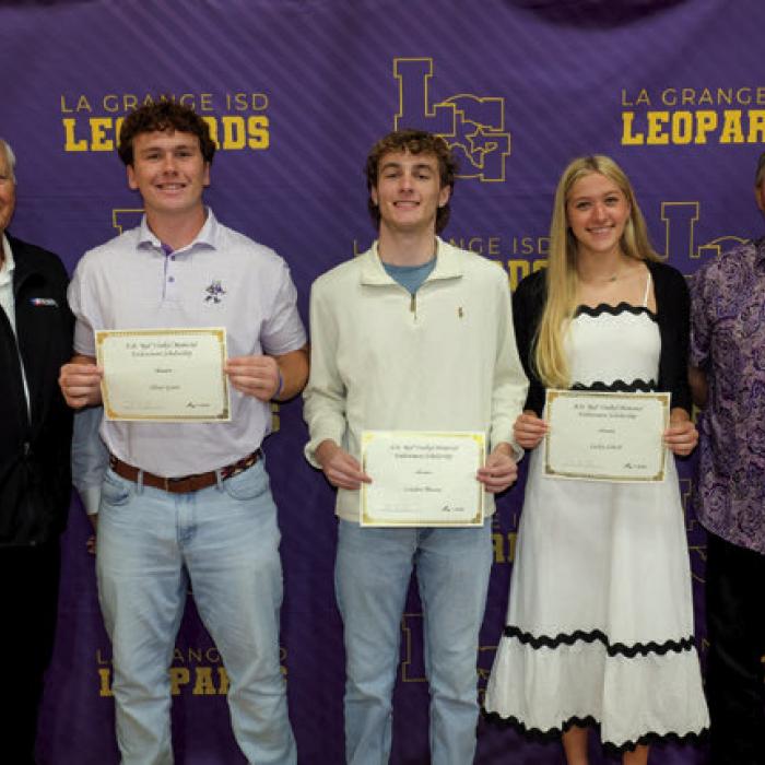 A.D. “Red” Voelkel Memorial Endowment Scholarship went to Oliver Gunn, Landon Muesse and Carley Ulrich. Presenters were Erwin A. Sladek and Paul Mikula.