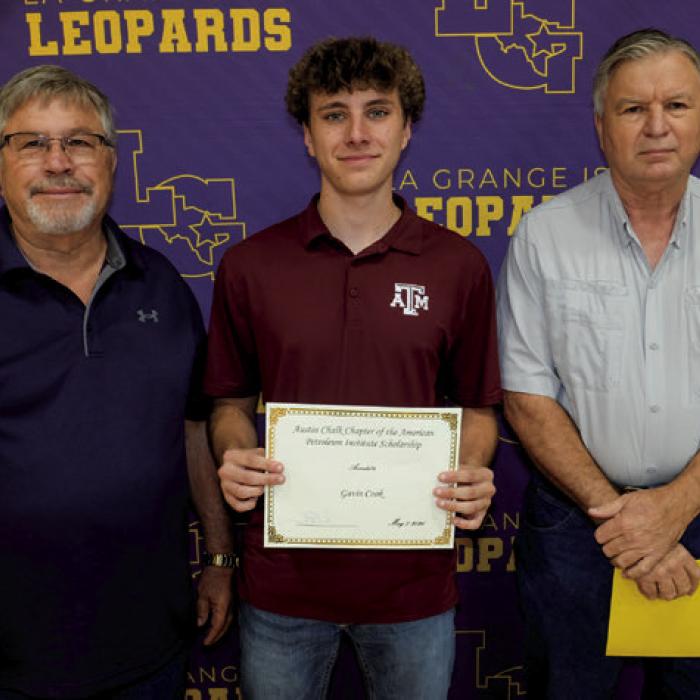 Austin Chalk Chapter of the American Petroleum Institute Scholarship went to Gavin Cook. Presenters were Ivan Faldyn and Tony Kristek.