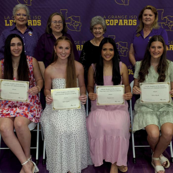 Catholic Daughters of the Americas Texas State Court Memorial Scholarship went to Faith Greenwood, Ella Nygren, Natalia Soto and Elena Supak. Presenters were Sherry Hebert, Elizabeth Kallus, Stacy Ryza and Janet Purdy