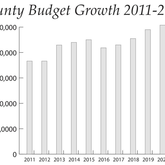 The graph compares total expenses in the Fayette County budget from 2011-2021. *The 2021 budget has been proposed but not yet approved. The bars for all other years are based on numbers in the final approved budgets.