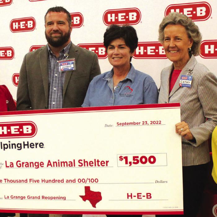 As part of the grand reopening festivities, H-E-B gave the La Grange Animal Shelter $1,500.