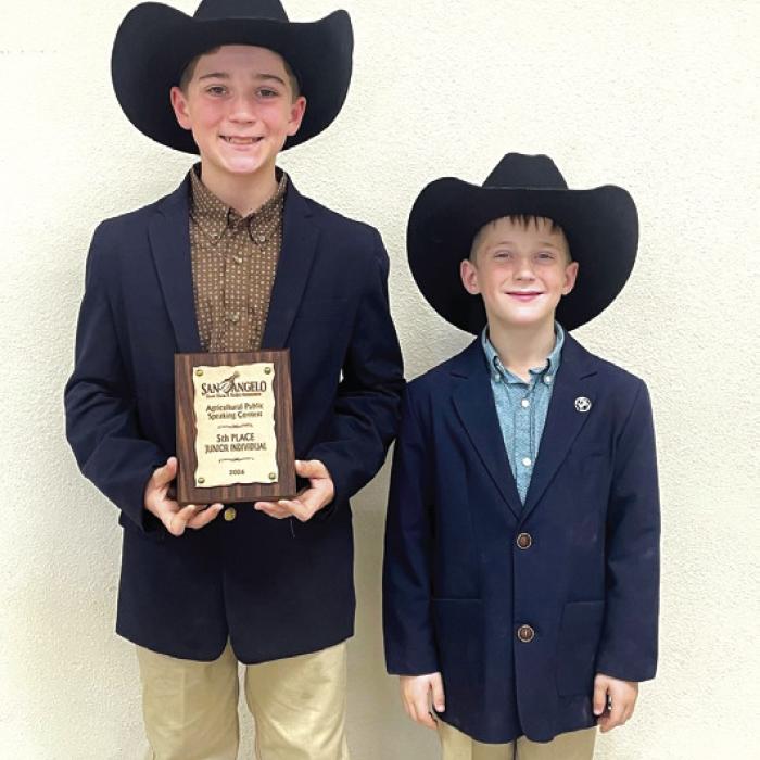 Crockett Guenther and Rowdy Guenther recently competed in the San Angelo Livestock Show Public Speaking Contest. Crockett was 5th overall in the Junior Agricultural Public Speaking Contest. His topic was “Marketing Behind the Label.” Rowdy competed in the Junior Division. Rowdy’s speech title was, “Value of the Red Hide.”