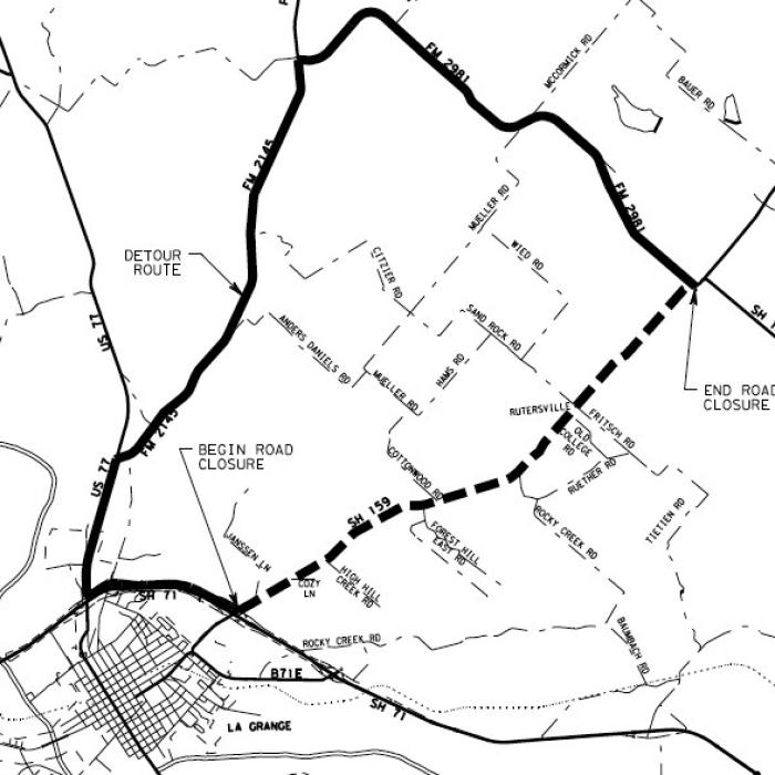 TxDOT plans to rehabilitate SH 159 from La Grange to the Fayetteville “Y” starting on June 3. Motorists can avoid the road closures by following the detour map above.