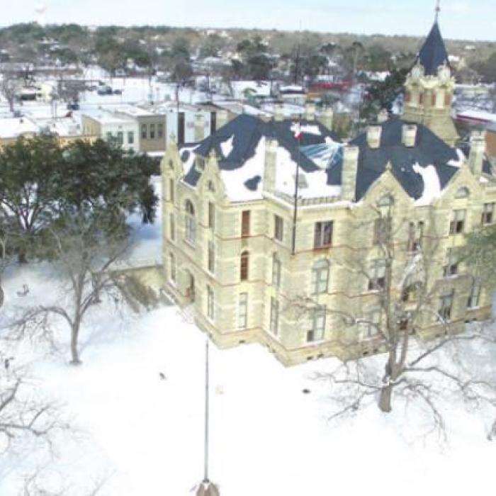 The courthouse square covered in snow after February’s winter storm.