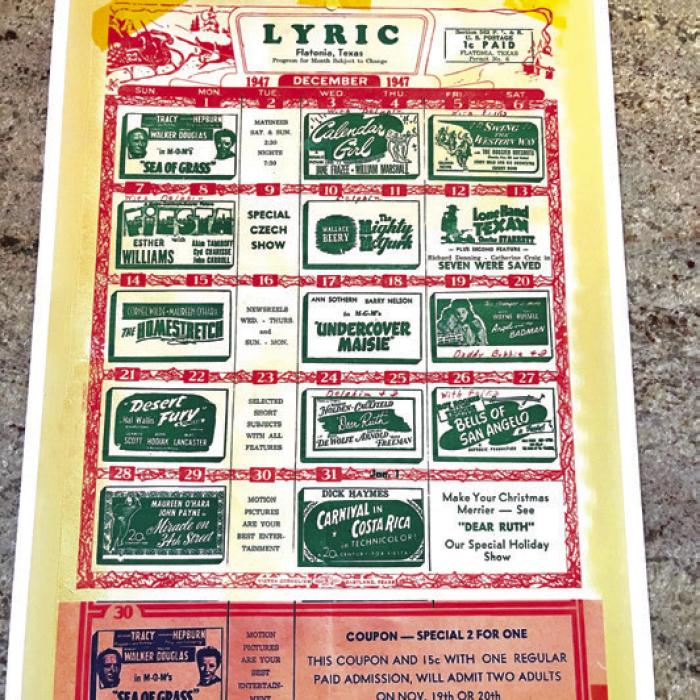 This old Lyric Theater Christmas flyer of upcoming movies from 1947 now adorns the wall at the renovated theater.