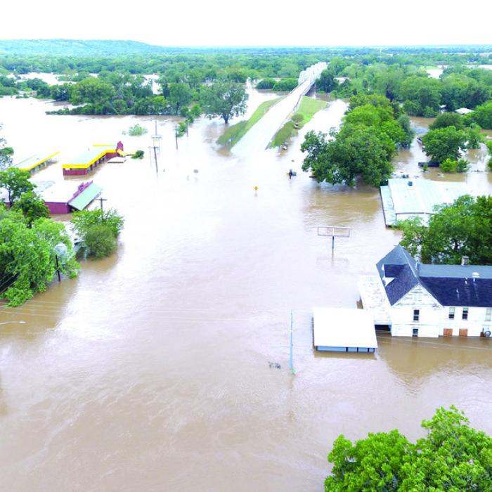Business Highway 71 through La Grange covered by floodwaters from Hurricane Harvey five years ago.