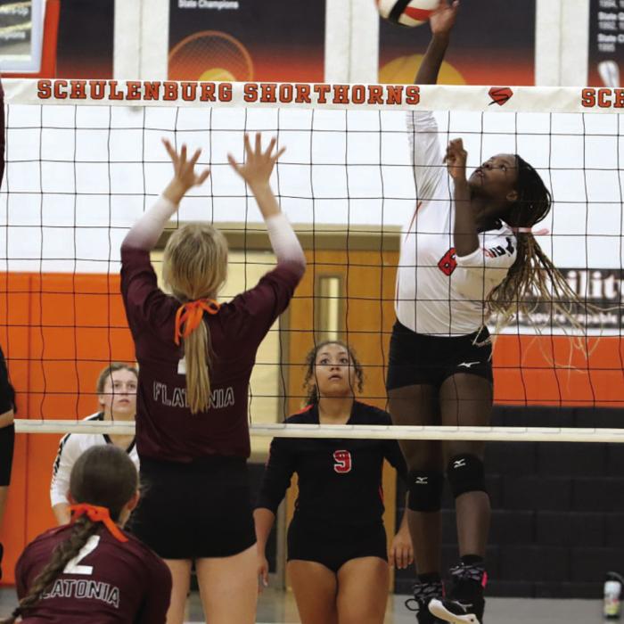 Schulenburg’s Jesslyn Gipson elevates for a spike in Friday’s match against Flatonia. Photo by Audrey Kristynik
