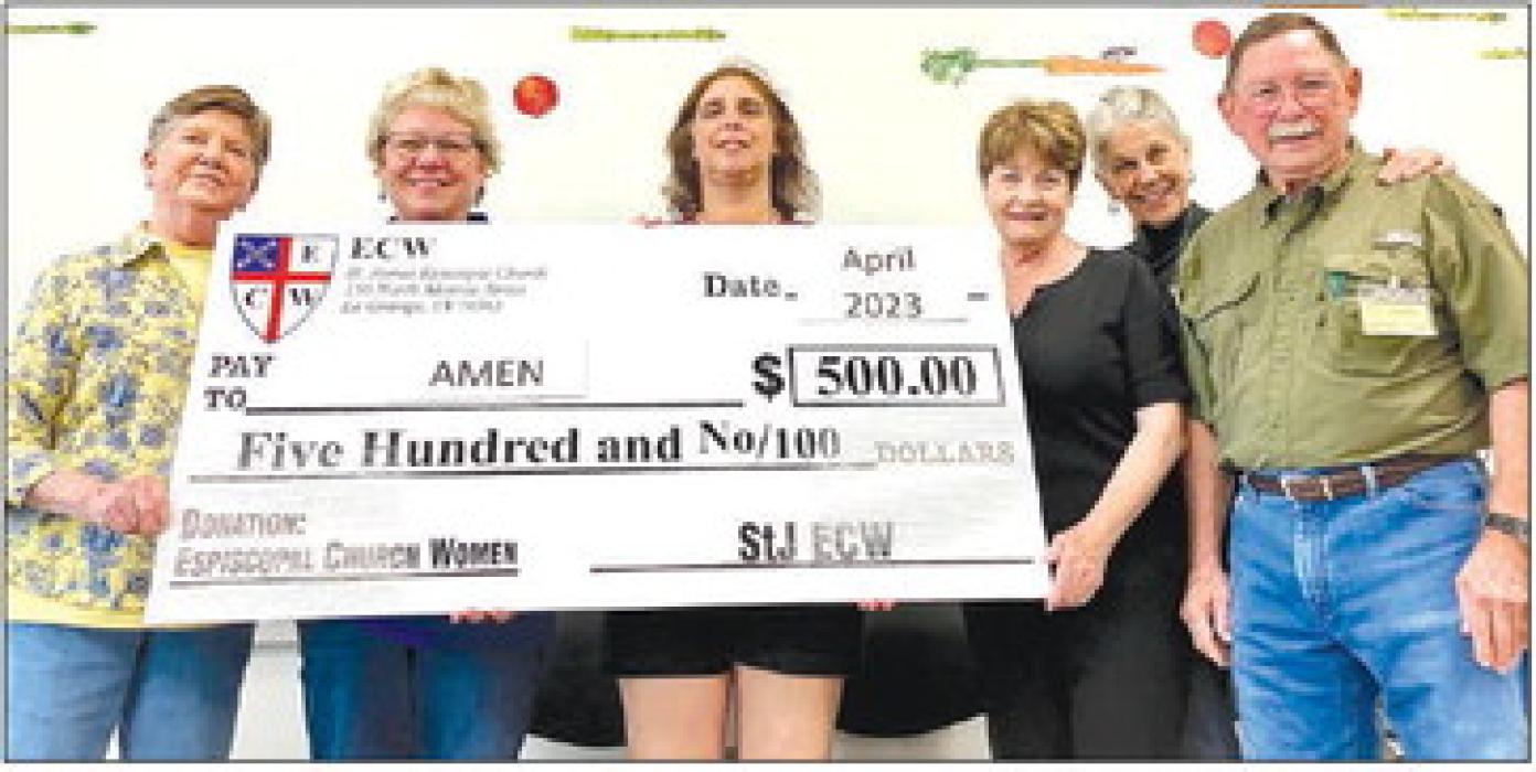 St. James ECW donated $500 to the AMEN Food Pantry. ECW 2023 donations made to other organizations include: Holy Rosary Catholic Church, St. Paul Lutheran Youth Group, Fayette County Community Theatre and Hospice Brazos Valley. Pictured from left are Sue Spaulding, Jane Malik, Cassie Girard (AMEN President), Fran Mason, Julie Ardery, and Chuck Gibson.