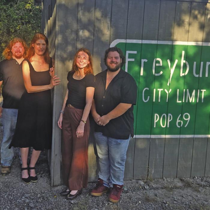 The stars of the play ‘Now and Then’ outside Freyburg Hall. Left to right: Brandon Theut, Melanie Lira, Emily Hudson and Austin Williams. Photo by Heather Barthelme