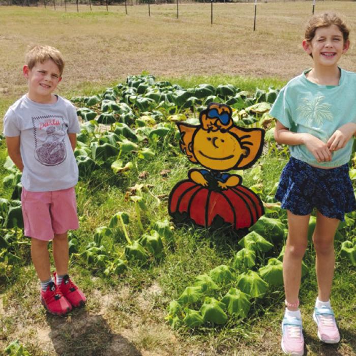 Kathy Chlumsky’s grandkids Olivia and Marcus in the pumpkin patch.
