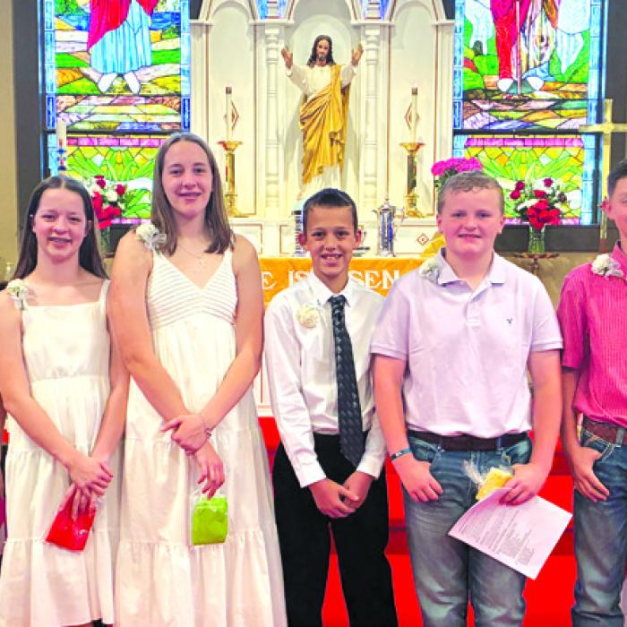 Grayslin Blaschke, Brooklyn McCoy, Emmry Blaschke, Mylah Blaschke, Gentry Roberts-Oppermann, Carson Muesse, Rowdy Hrbacek, and Chance Weishuhn were confirmed at St. John Lutheran Church in Rutersville.
