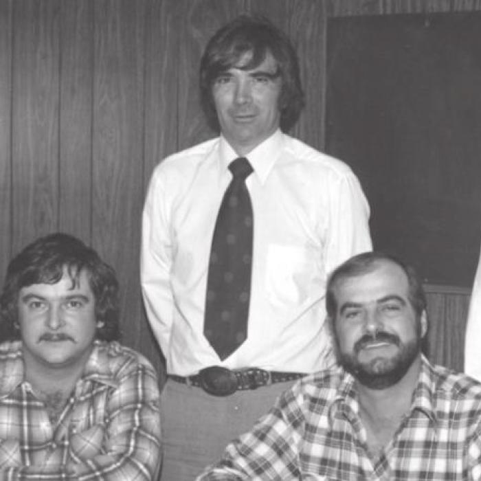Attending a January 1980 meeting of the La Grange Chamber of Commerce membership drive steering committee were: (seated, left to right) Lee Mueller, Terry Kelly, Johnnie Caswell and Larry Korenek; (standing, left to right) John McCourt and Don Chovanec. Photo courtesy of Fayette Heritage Museum and Archives.