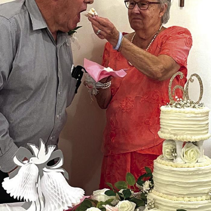 Leo and Barbara Wick on their wedding day, left, and Sunday, at their 60th anniversary party.