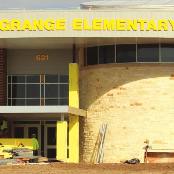 The new La Grange Elementary building is getting its final touches, including signage last week.