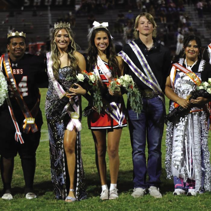 Schulenburg held its homecoming festivities Friday night and shown here are the members of the homecoming royalty court. Left to right – Football Sweetheart Ava Bubela, Homecoming King Keigan Johnson, Homecoming Queen Greenli Van Zandt, FFA Sweetheart Morgan Steinhauser, FFA Beau L.J. Schindler, Band Sweetheart Natalia Garcia and Band Beau Nicholas Rorschach. Photo by Audrey Kristynik