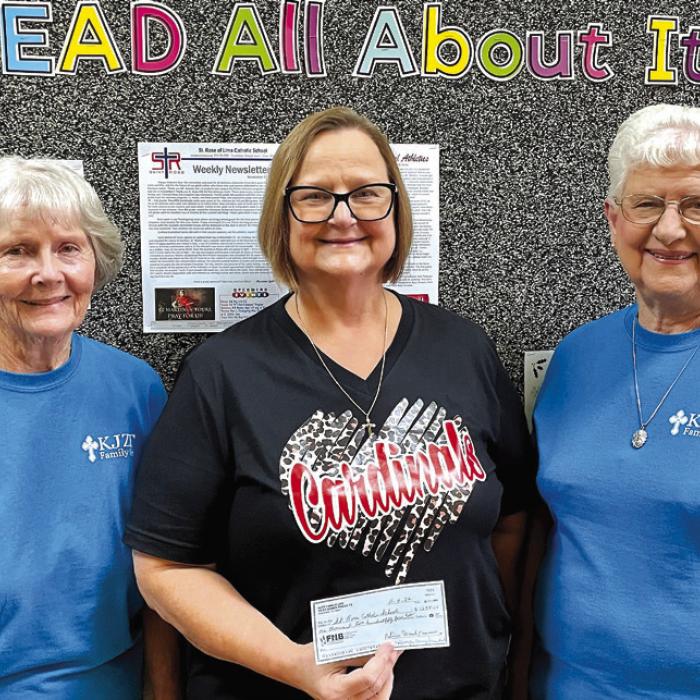 St. Anne’s KJZT Society No. 4 Praha donated $1,235 to St. Rose of Lima Catholic School on Friday, Nov. 11. The donation was raised through a no bake sale held on Labor Day weekend and from matching funds received from the State KJZT Office in Austin, as a Community Fund Raiser under the Fraternal Program. Those present for the donation include Left to Right: Georgia Cerny, Principal Rosanne Gallia, and Patricia Masek.