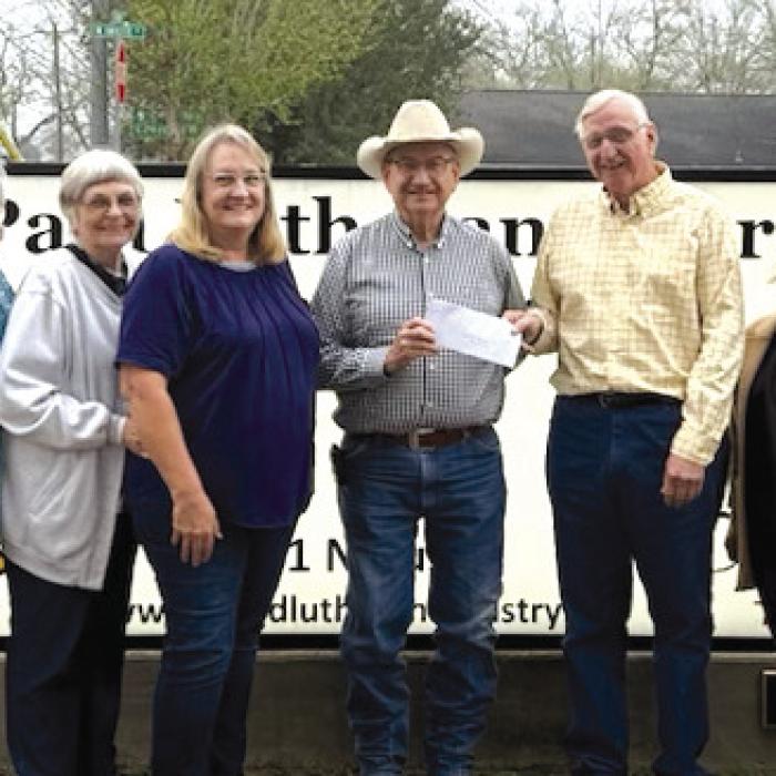 St. Paul Lutheran Church in Fayetteville donated proceeds from the annual pancake supper held on Feb. 17 to the Fayetteville Fire Department. Pictured (from left to right: Debbie Linke - WELCA President, Betty Guthman - donated sausage, Maxine Dominey, Ruth Noska - Council Treasurer, Fayetteville Fire Chief Randy Noviskie, Lynn Strahan - Council President, Pastor Jen Kindvatter, Gail Duncan - Council Secretary.