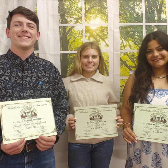 WACA 2026 Scholarship recipients: Jacob Bridgefarmer, Emma Short, and Avery Henderson. Witt Hatton was unable to attend.