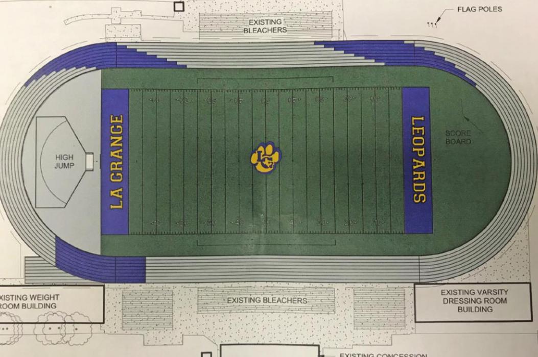 The school board learned Monday that if they wished to move forward on a new track and field turf project at Leopard Stadium (rendering above) the estimated cost would be $2-2.5 million dollars.