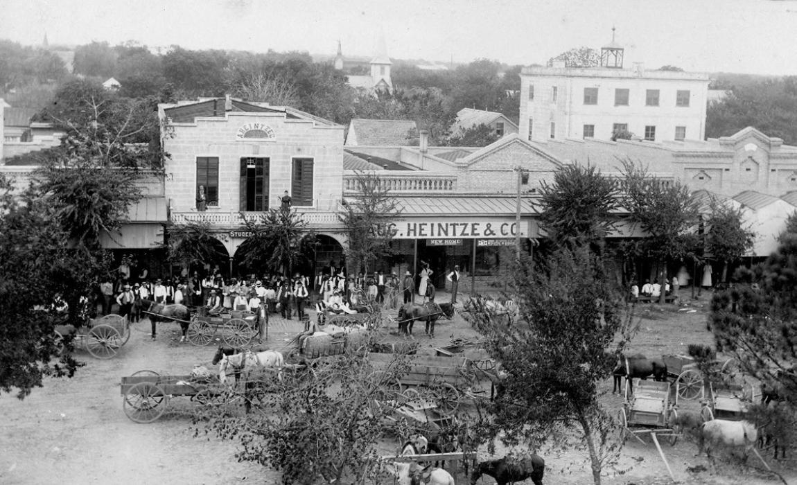 Melcher’s view of the east side of the public square in La Grange taken from the upper balcony of the Fayette County courthouse in 1895. Notice that the people are all posing for the photograph. Courtesy of the Fayette Heritage Museum and Archives.