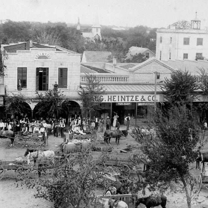Melcher’s view of the east side of the public square in La Grange taken from the upper balcony of the Fayette County courthouse in 1895. Notice that the people are all posing for the photograph. Courtesy of the Fayette Heritage Museum and Archives.