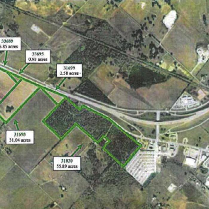 The City of La Grange presented this map at the City Council meeting Monday showing properties west of town that could potentially be annexed and served by a new sewer line.