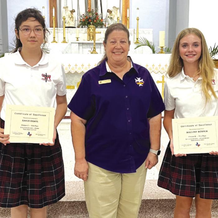St. Rose Catholic Daughters Education contest State level winners: Raven Demel first place Division 1 Poetry, CDA Regent Grace Lebeda, Mallory Bonner first place Division 2 Computer Art.