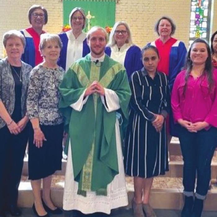 Celebrating National CDA Day was front from left: Jacinta Cano, Marian Tajchman, Beverly Kruppa, Fr. Brian Phillips, Guadalupe Mendez, Mical Ann Boyd, Candice Hall; back row: Stacy Ryza, Mary Lou Anderle-State Spiritual Enhancement Chair and Local Recording Secretary, Shirley Antosh Regent, Carolyn Weishuhn-Vice Regent, Marilyn Kothmann-Financial Secretary, and Beatrice Ortiz.