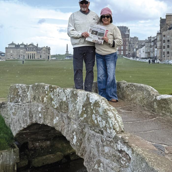 Delfina and Jerry Rohde of La Grange recently took a trip to Dublin, Ireland, and St. Andrew, Scotland. They took the Fayette County Record with them and took this picture on the Old Course Swilcan Bridge, which was built at least 700 years ago.