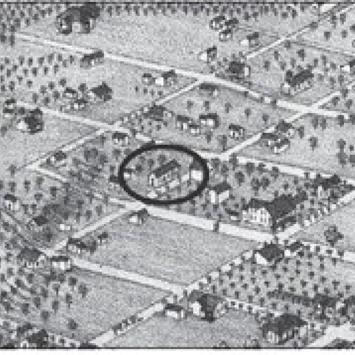 Detail from Augustus Koch’s 1880 Bird’s Eye View of La Grange showing the building believed to be the school on Camp Street where John G. Schermack taught African American students.