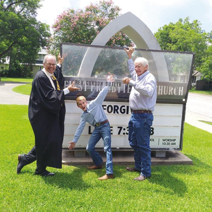 Rev. Butler, Will Janda and Clive Halder, Chair of First Presbyterian Church PNC Photo courtesy of Bobbie Nash
