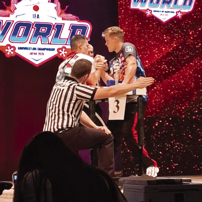 AJ Adamek competes in the World Armwrestling Championships in Tsuchiura City, Japan last week.