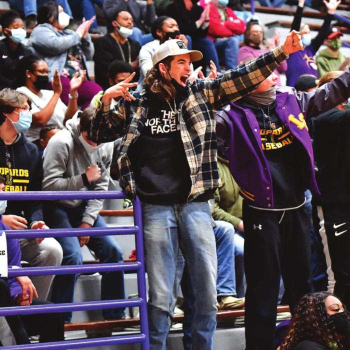 La Grange fans celebrate after a Jaxon Cooper three-pointer Friday. Photo by Stephanie Steinhauser