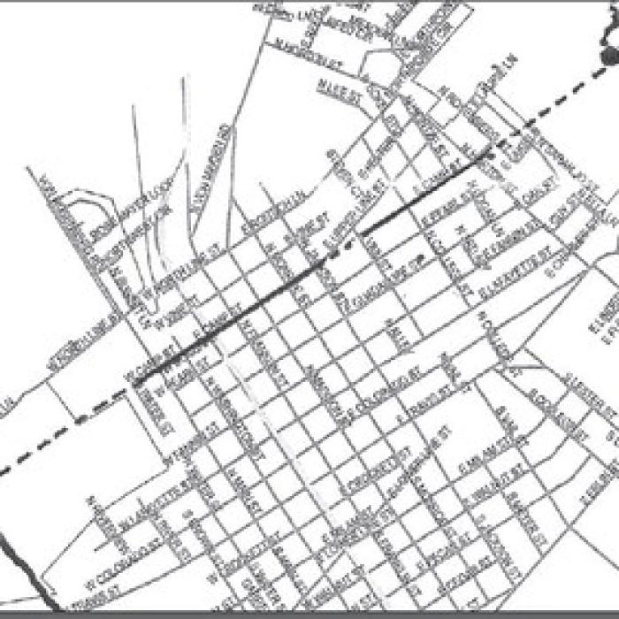 Map of La Grange showing Camp Street and the road that connected the Confederate prison camp on the Colorado River and the Campground Spring pool on Cedar Creek during the Civil War era.