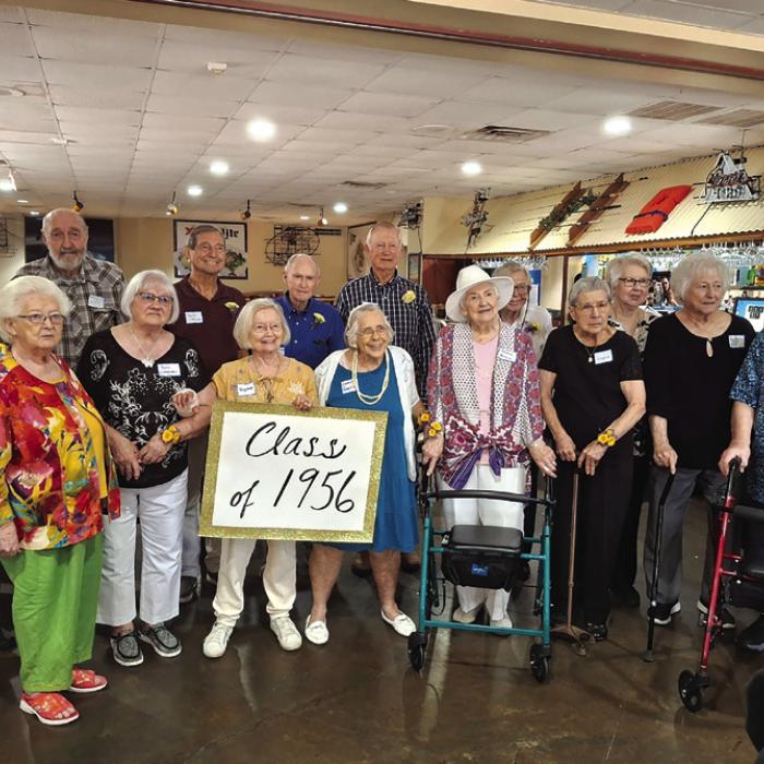 The recent 1956 LHS Class Reunion pictured front from left: Renate Streicher Hardaway, Jane Kotrla Schneider, Virginia Mika Leech, Camille Freytag Roselius, Lorene Janak Balzer, Virginia Urban Meinardus, Rose Marie Srvcek Janak, John Svoboda; back row: Johnny Orsak, James Kolbe, Doyle Krauss, Boyd Weems, Leroy Schneider, Wilburn Hackebeil, Clara Vacula Taylor.