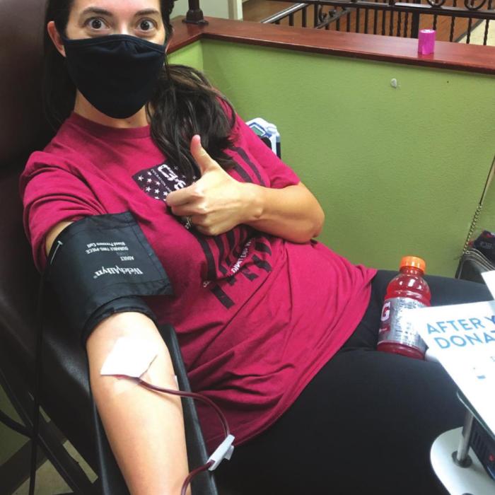 Emily Shaw is shown here donating plasma Saturday in College Station.
