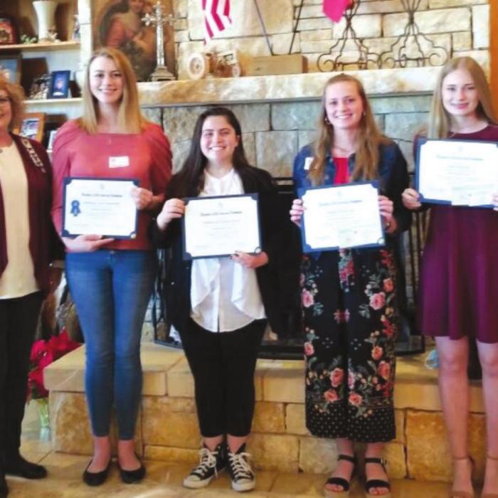 Pictured from left is: Sue Lane McCulley regent, Good Citizens chairperson Sherry Hebert regent, First Place Madelyn Karstedt, Fayetteville High School; MaKenzie Givan, La Grange High School; Regan Lux, Schulenburg High School; Zoe Essman, Giddings High School; and guest speaker, Reverend Andy Smith, First United Methodist Church, La Grange.