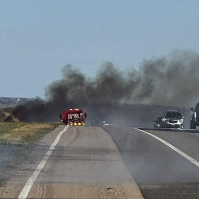 Firefighters from Flatonia, Schulenburg and Muldoon all assisted in putting out a series of grass fires along Interstate 10 near Flatonia on Friday afternoon, Feb. 23. Photo courtesy of the Fayette County Sheriff’s Office