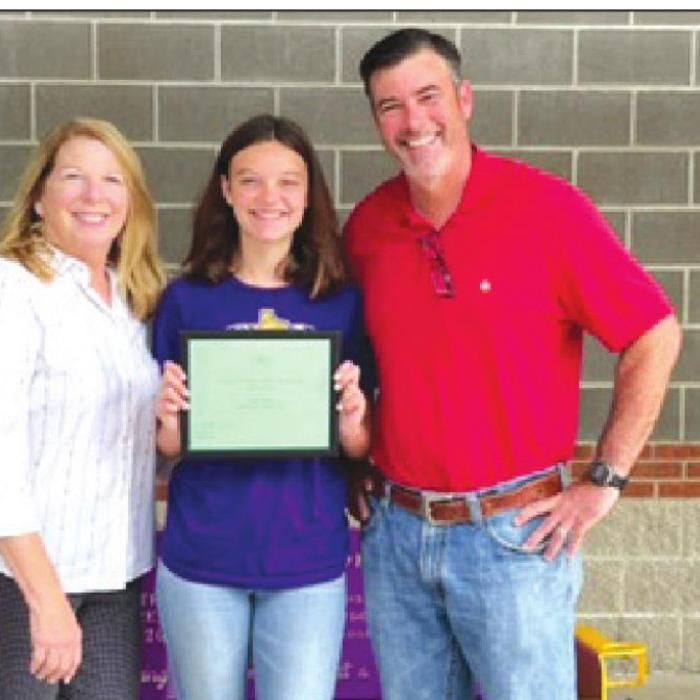 1st place, Evelyn Johnson with her dad, Wade Johnson, and NVCW BFFD Chair, Suzette Surman.