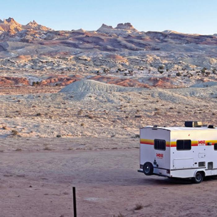 Daybreak at Goblin Valley State Park in Utah with five sleeping Wicks still inside the RV. Photo by Jeff Wick