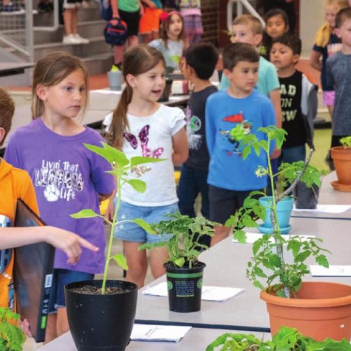 Second grade students at La Grange Elementary School held their annual plant show on Thursday, April 21. Above, Ally Canada and Keegan Ledwick show off their plants. Ally planted a pot of marigolds. Keegan planted a tomato bush and a gerber daisy. Right, second grade teacher Sherry Schmidt shows off a student’s journal. Pictured below, students in other grades got to walk through and look at all of the plants in the cafeteria. Photos by Andy Behlen