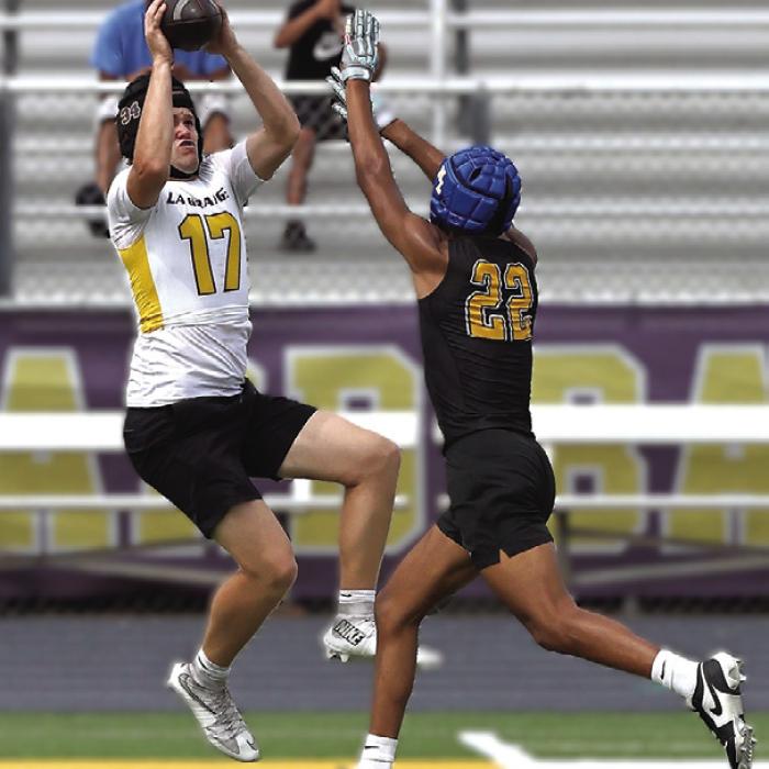After not playing football the last few years, La Grange senior basketball standout Connor Brooks has also emerged as a threat in the gridiron for the Leps. He’s shown here in 7-on-7 action earlier this season. Photo by Darrell D. Gest