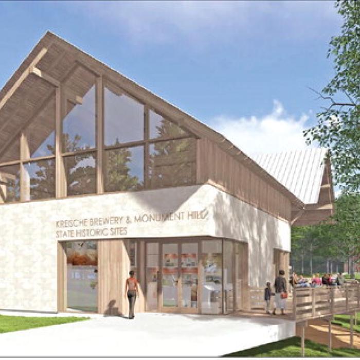 Entrance of the planned visitors center at Kreische Brewery &amp; Monument Hill State Historic Sites. Construction is scheduled to begin in December 2026.