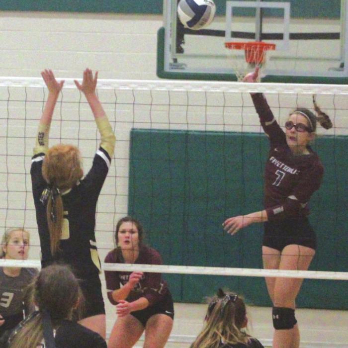 Fayetteville’s Brooklyn Jaeger spikes a ball in Saturday’s regional final against Round Top-Carmine. Photo by Brian Pierson