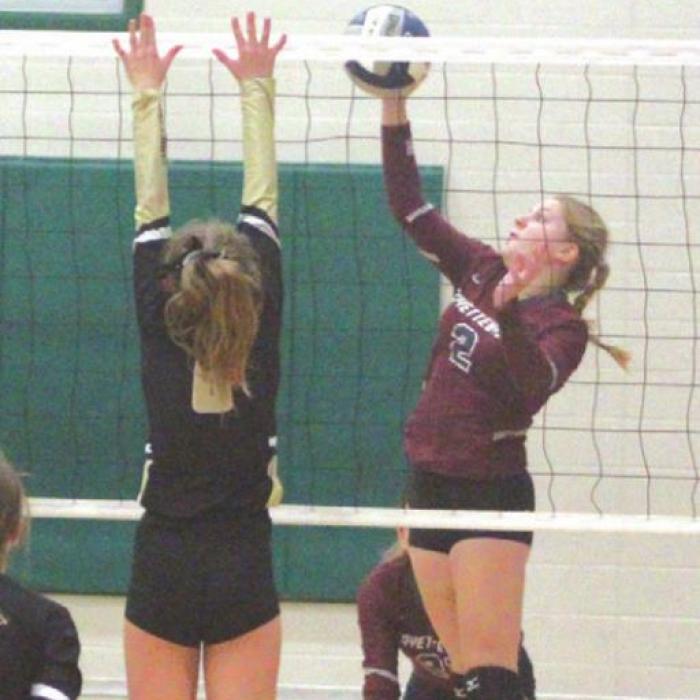 Fayetteville’s Rylie Dyer spikes a ball Saturday. Photo by Brian Pierson