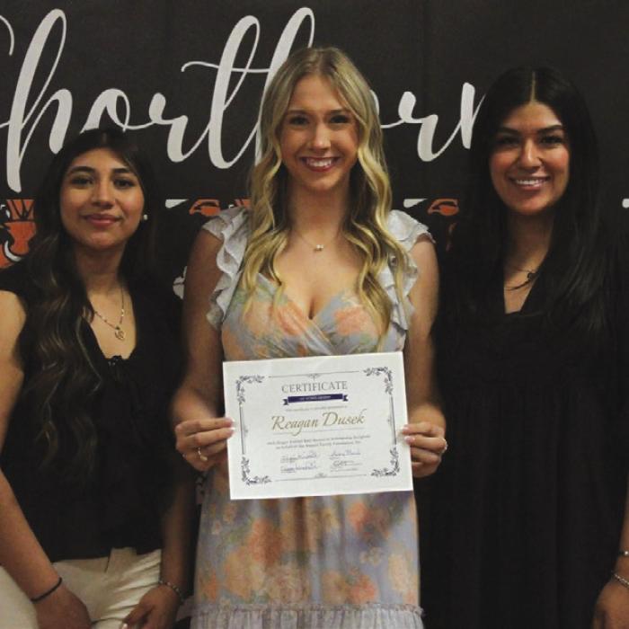 Pictured from left: Ruby Rodriguez, 2025 GSB Scholar; Reagan Dusek; Melanie Ramirez, SFF Program Director.