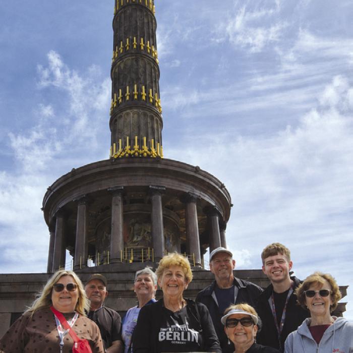 Pictured in front of the Brandenburg Gate from left is: Donnie and Shirley Machicek; Connie (Sokol) Berger; Jean Schimcek; Ronnie, Margaret and Thomas Sokol; and Marilyn Hinze.