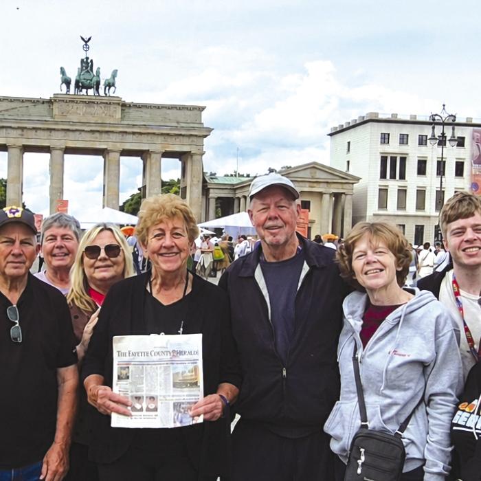 Pictured in front of the Brandenburg Gate from left is: Donnie and Shirley Machicek; Connie (Sokol) Berger; Jean Schimcek; Ronnie, Margaret and Thomas Sokol; and Marilyn Hinze.